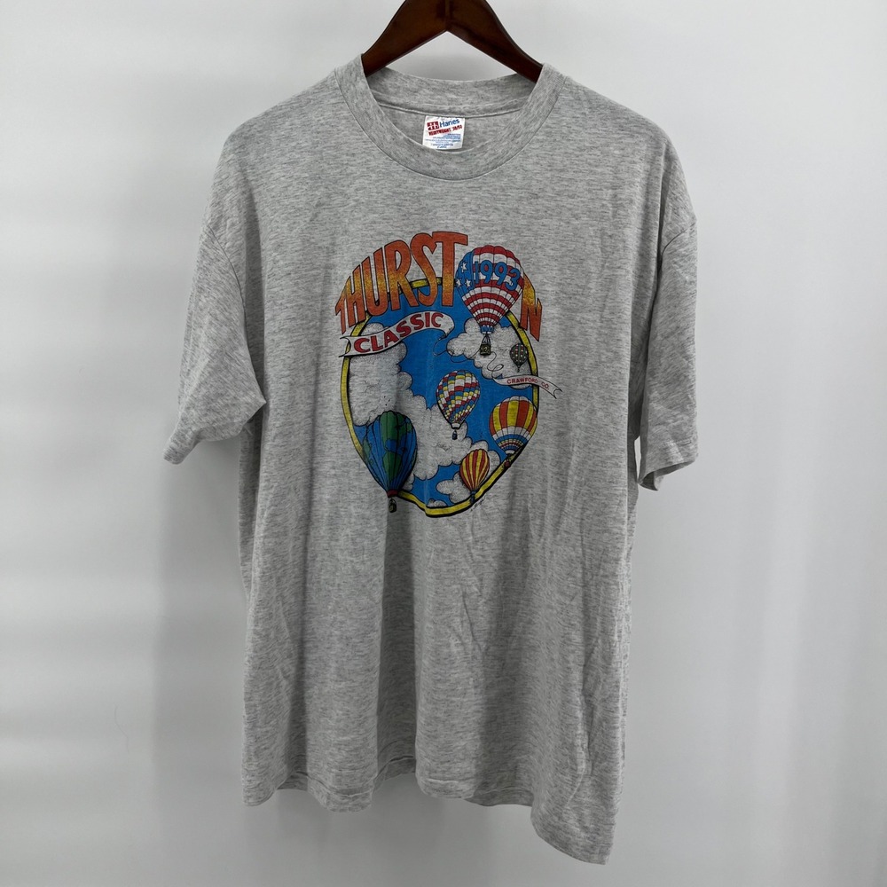 Vintage 1993 Hurst Classic Hot Air Balloon T-Shirt Hanes 90s Gray Single-Stitch